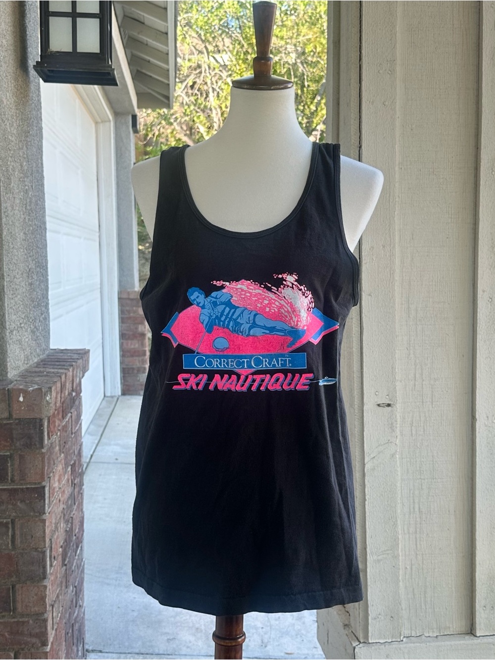 Hanes Black Tank Top with Pink & Blue Ski Graphic